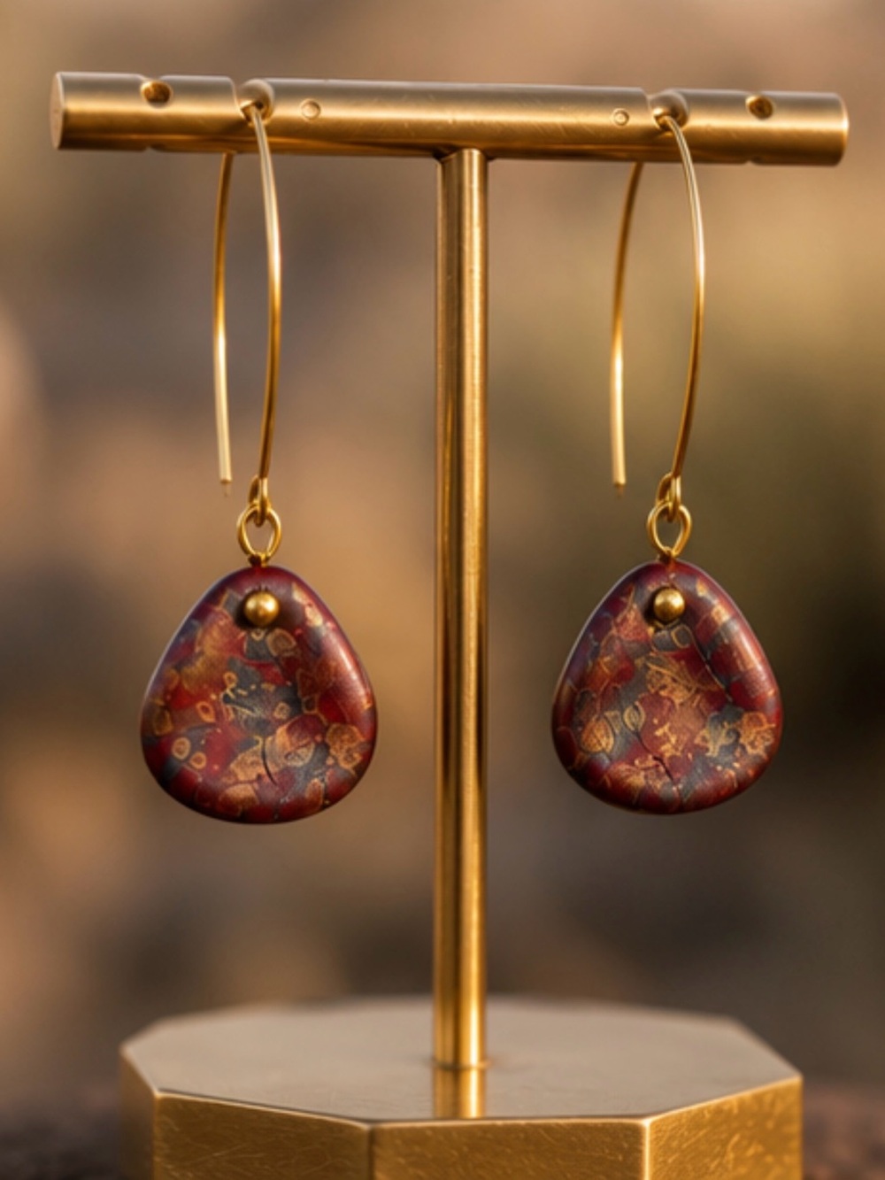 Handcrafted Maroon Drop Earrings with Gold Hoops